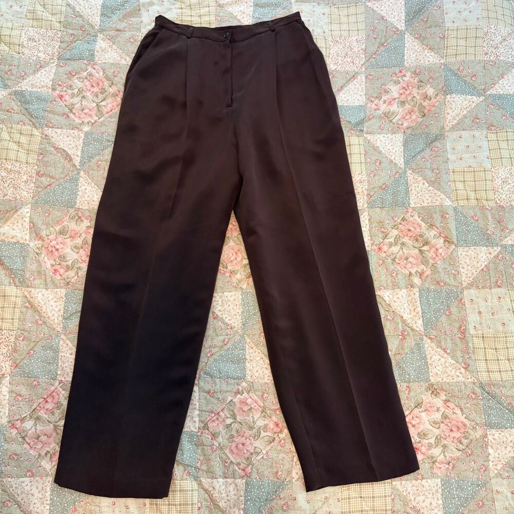 Style & Co. Chocolate Brown Pleated Wide-Leg Silk Pants Autumnal Old Money 14